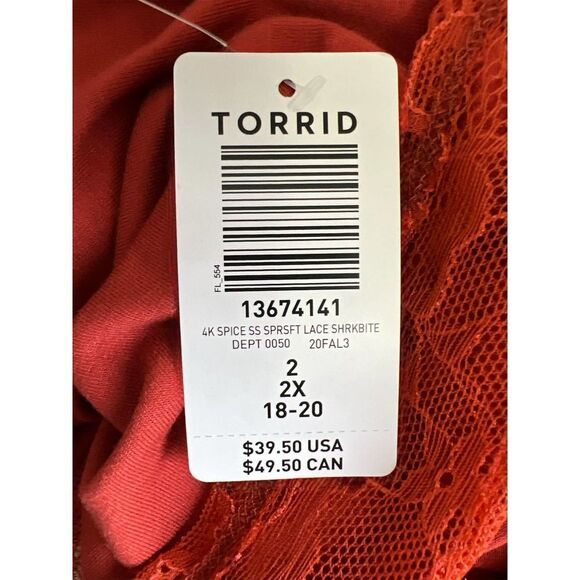 Torrid Spice Short Sleeve Super Soft Lace Shark Bite Rust Top 2/2X 18-20 NWT - Picture 6 of 6